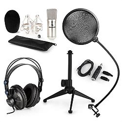 Auna auna CM001S V2 mikrofon szett, fejhallgató, kondenzátor mikrofon, USB adapter, állvány, pop filter, ezüst