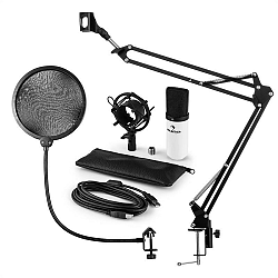 Auna MIC-900WH, v4 USB mikrofon készlet, fehér, kondenzátoros mikrofon, POP szűrő, mikrofonkar