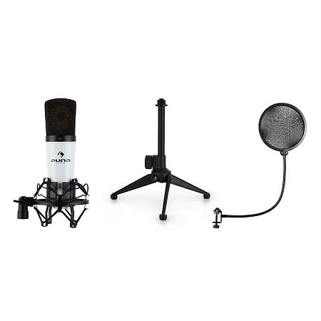 Auna MIC-920, USB V1 mikrofon szett, kondenzátoros mikrofon, állvány, pop filter, fehér