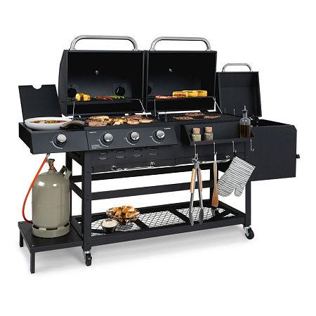 Klarstein Kingsville Smoker, kombinált grill, gáz, szén, szénfüstölő, 13,5 kW, 3+1 égő, fekete